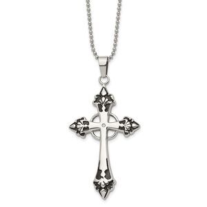 Stainless Steel Black Enamel & Diamond Celtic Cross Necklace - 24 Inch